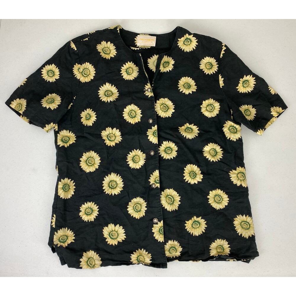 Women Geiger Austria sunflower graphic linen blend button up blouse top 38